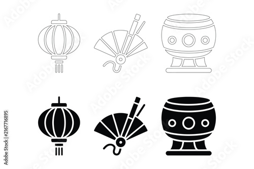 Traditional asian lantern hand fan and ceremonial drum vector graphic
