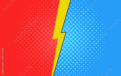 Cartoon comic background with lightning flashes. Versus battle. Colorful comic competition poster. Vector illustration.
