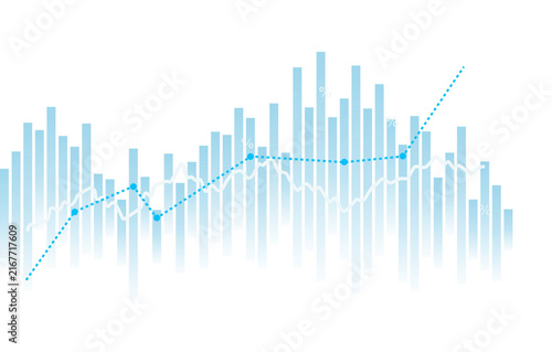 Financial stock market growth chart with upward trend and glowing data points on blue background