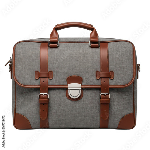 Stylish grey fabric briefcase with brown leather straps