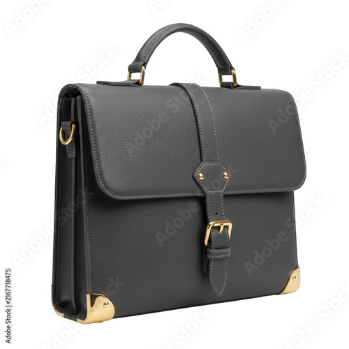 Stylish black leather briefcase with gold metal details