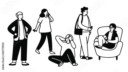 Black and White People Activities Vector Illustration Set