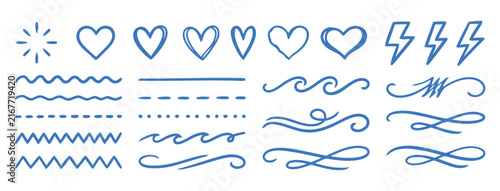 Hand-drawn doodle elements, blue sketch hearts, lightning bolts, wavy underline lines, and ornamental dividers vector collection