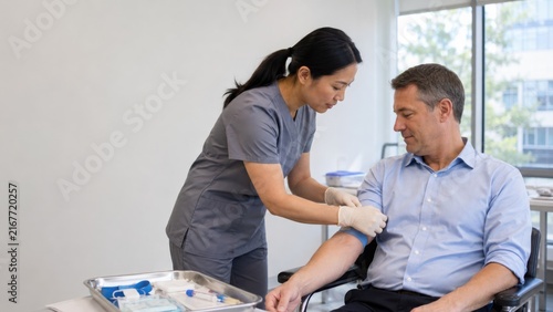Healthcare professional in gray scrubs prepares to draw blood from a male patient wearing a blue shirt in a clinical setting with medical equipment visible