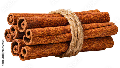 Fotografía Bundle of cinnamon sticks tied with rough jute twine, isolated on transparent ba