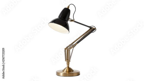 Foto Black articulated desk lamp with brass base and arm, isolated on transparent bac