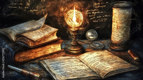 In a cozy study, an amber light glows from an antique lamp, casting warmth on stacked leather-bound books and open pages filled with handwritten notes