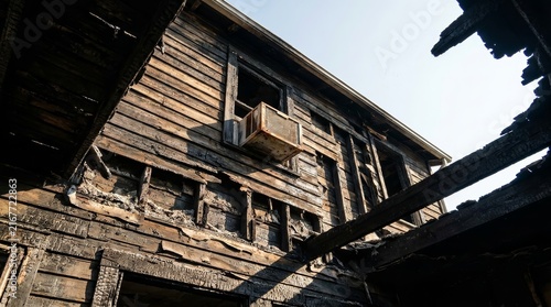 An abandoned house completely consumed by fire and burnt to the ground.