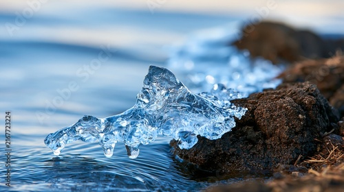 A close-up view of clear ice melting on the edge of a serene water body, showcasing the beauty of nature.