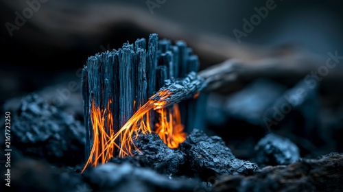 A close-up view of glowing embers among charred wood, showcasing the beauty and intensity of fire in nature.