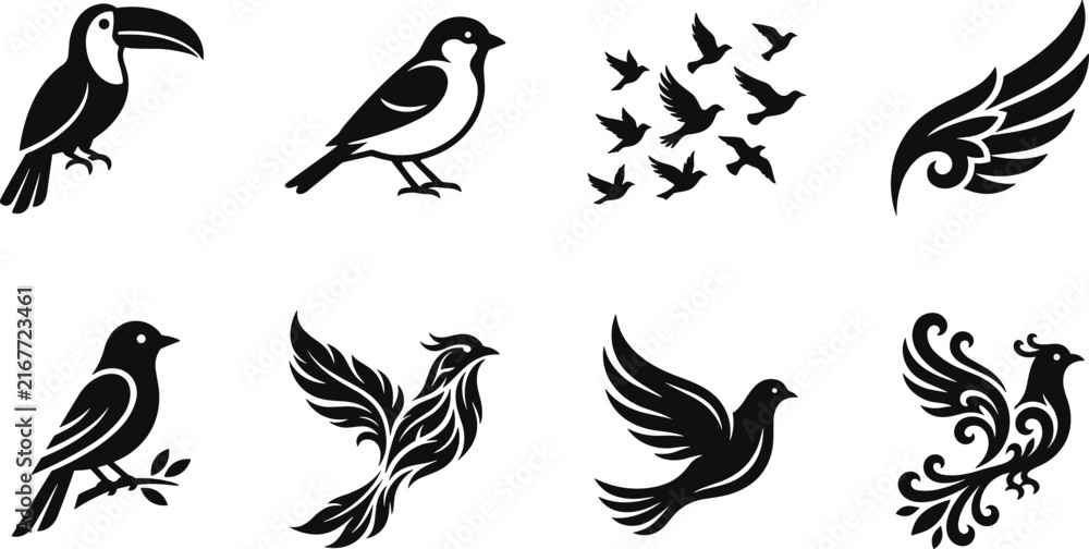 Naklejka premium Bird Silhouette Logo Collection with Flying Birds and Decorative Wing Designs