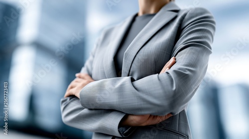 A confident businesswoman stands with arms crossed, showcasing professionalism and determination in an urban setting.