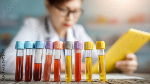 Healthcare professional analyzing colorful test tube samples with various colored liquids for medical laboratory analysis and diagnostic testing.