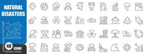 Natural Disasters and Emergency Events Editable Line Icon Collection