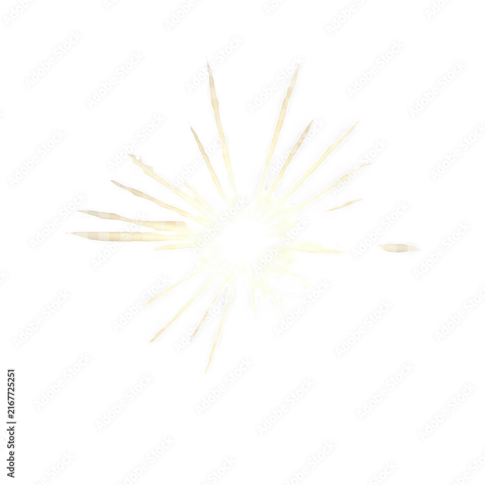 Fototapeta premium Luminous sunburst effect on white background, glowing light flare with radial rays, bright golden sparkle for overlay design