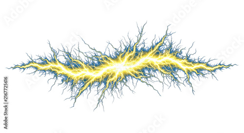 Bright yellow lightning bolt with blue energy tendrils against a white background