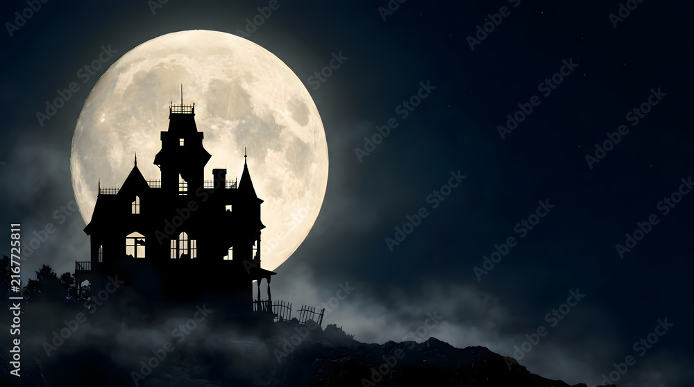 Fototapeta premium Haunted house silhouette against a full moon with dramatic clouds