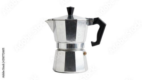 Cuadro en lienzo Polished aluminum stovetop espresso maker with black handle, isolated on transpa