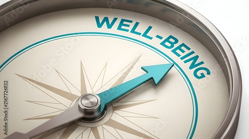 Close-up 3D render of a metallic compass dial with a teal arrow pointing toward the text well-being on a white background representing guidance, direction, and a journey to health