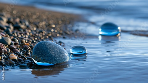 Close-up of smooth stones glistening in shallow water at the shoreline, capturing the serene beauty of nature.