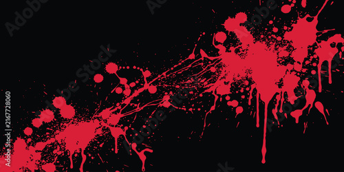 Red blood splash and dripping paint background on black, abstract horror ink splats, crime scene stains, and grunge vector illustration