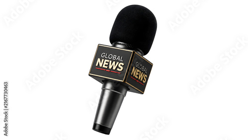 Professional news microphone with Global News logo, broadcast journalism mic for interviews, media reporting equipment isolated on White Background