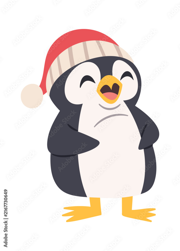 Obraz premium Penguin Laughing In Santa Hat Cartoon