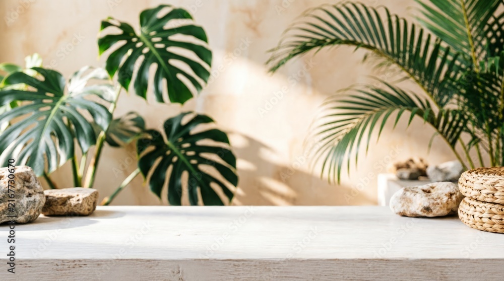 Fototapeta premium Tropical Plants and Natural Elements on White Tabletop for Web Design