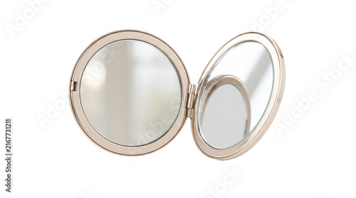 Elegant folding cosmetic mirror for makeup routines, travel beauty kits, handbags and personal care campaigns. Isolated on White background.