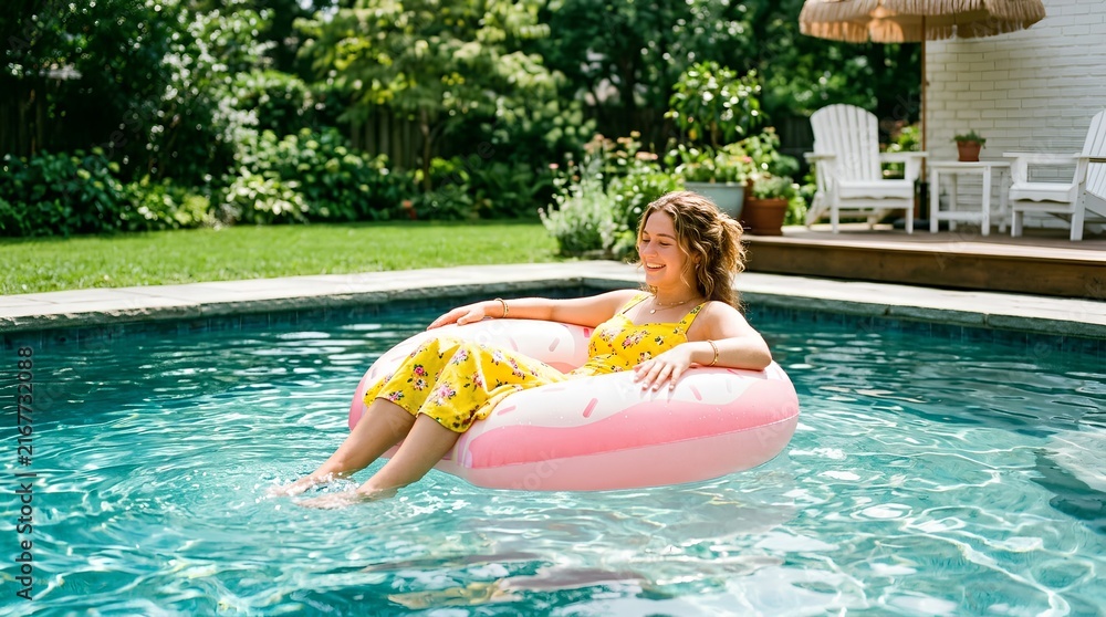 Naklejka premium Cheerful young woman in yellow sundress relaxing on pink inflatable donut float in turquoise backyard swimming pool on sunny summer day