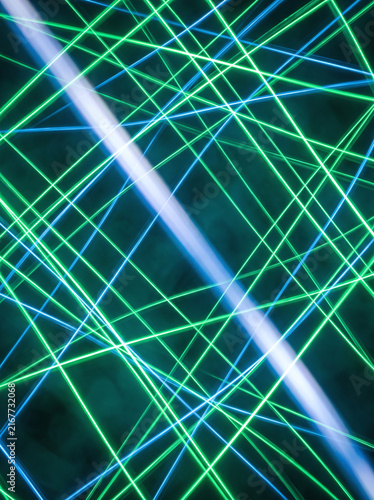 Neon Green and Blue Light Trails Forming Geometric Grid on Dark Background