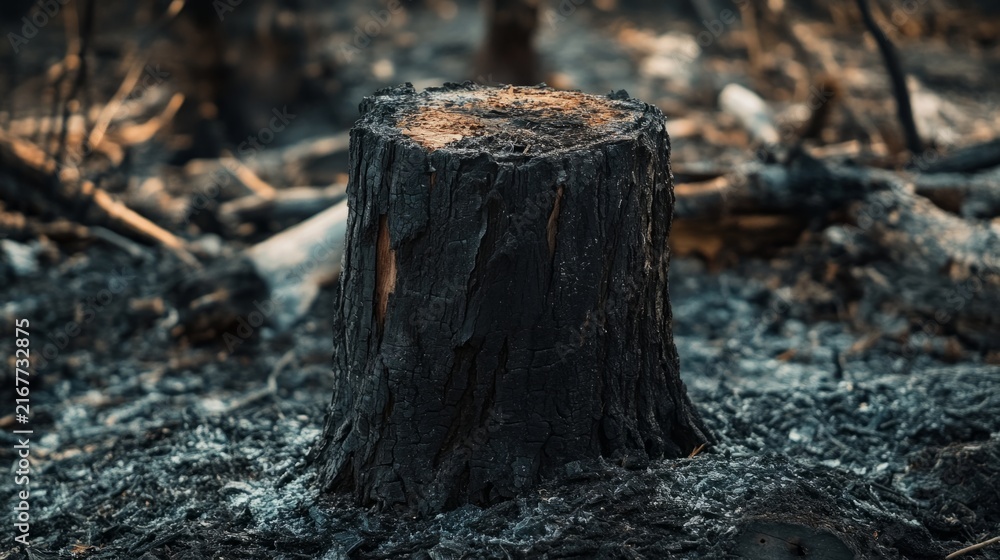 Fototapeta premium burnt tree trunk surrounded by ash; aftermath of a forest fire, generative ai