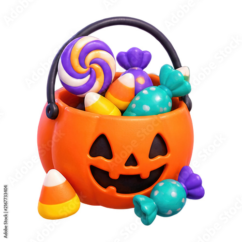 Cute 3D Halloween pumpkin bucket filled with colorful candies and treats