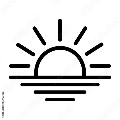 Minimalist black and white line drawing of a sun rising over a horizon for time, energy, or nature-themed visuals.