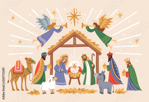 Photography Nativity Scene With Magi And Angels Cartoon