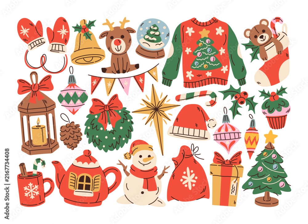 Naklejka premium Christmas Elements Set Holiday Doodle Pack