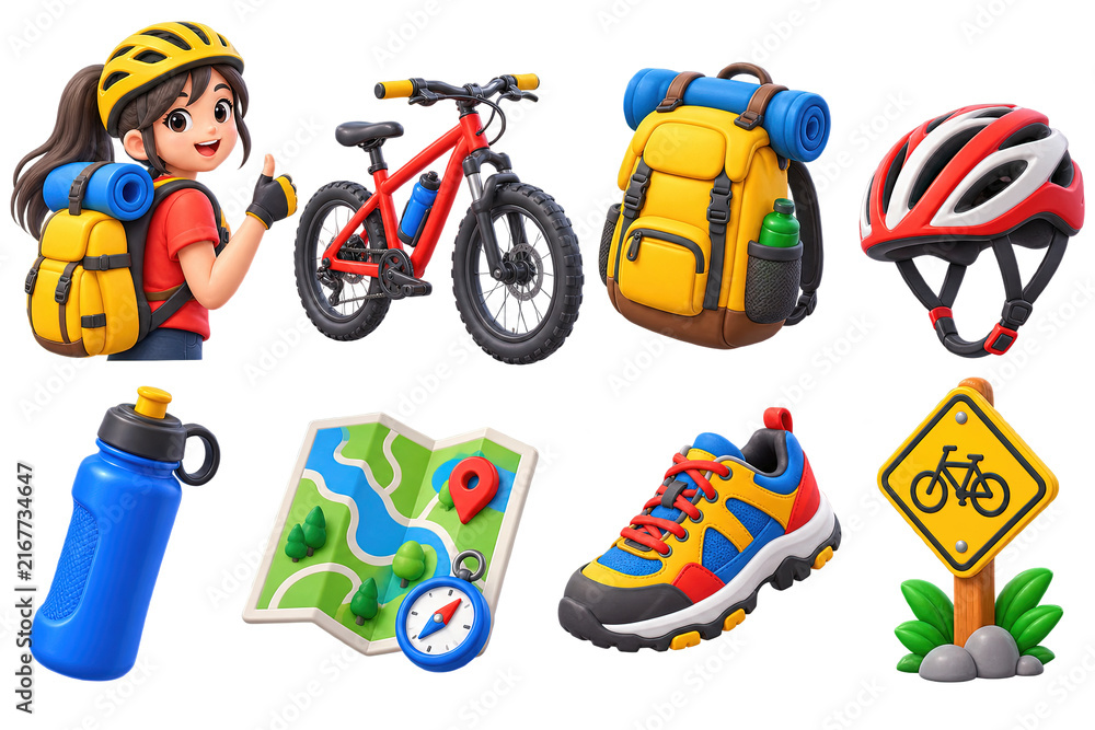 Fototapeta premium Cartoon cyclist with gear for adventure and outdoor exploration