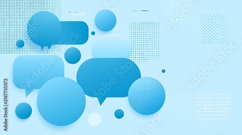 Abstract blue background featuring floating speech bubbles and geometric halftone patterns. Ideal for digital communication themes and technology presentation designs.