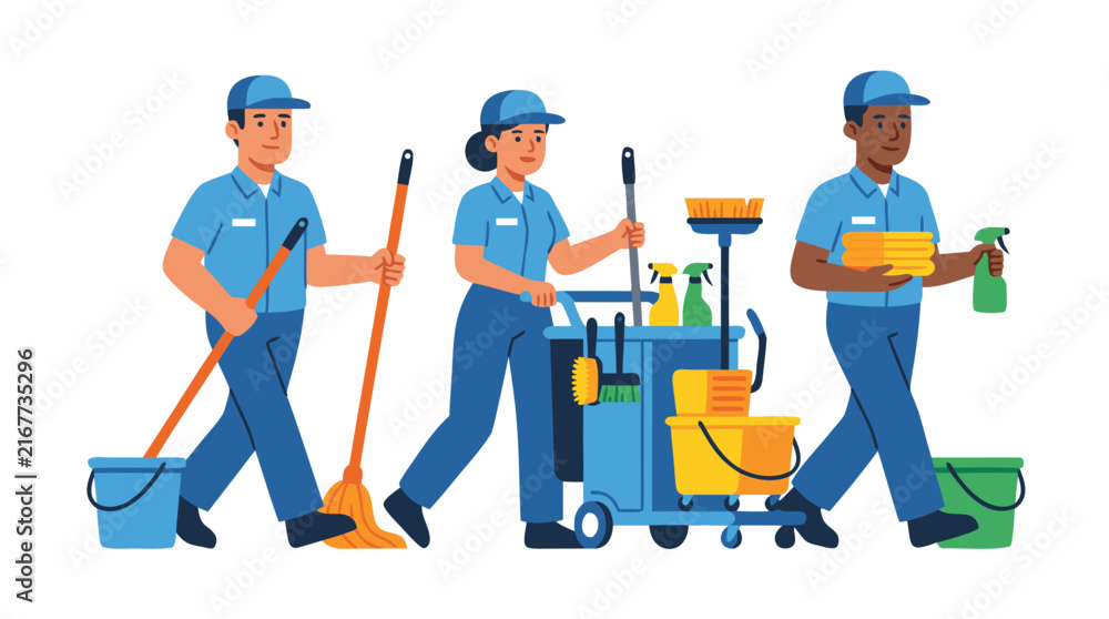 Fototapeta premium Professional Cleaning Team Illustration Featuring Three Janitors in Blue Uniforms with Mops, Buckets, Spray Bottles, and a Service Trolley, Flat Vector Design for Commercial Housekeeping Services.