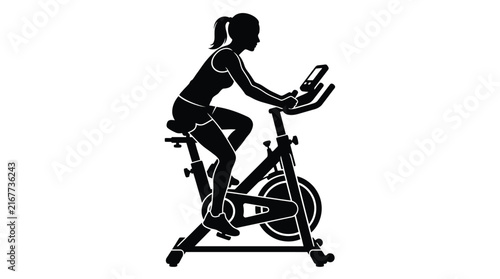 Woman riding exercise bike black silhouette against white background