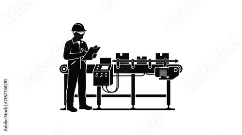 Factory worker with clipboard and industrial machinery black silhouette
