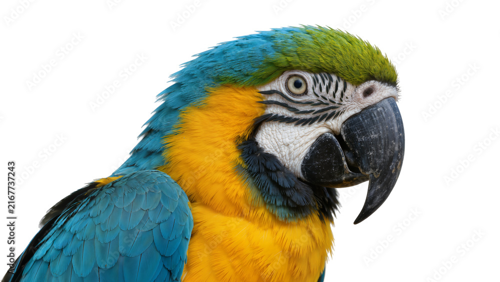 Fototapeta premium Close-up profile of a blue and yellow macaw parrot head, isolated on transparent background