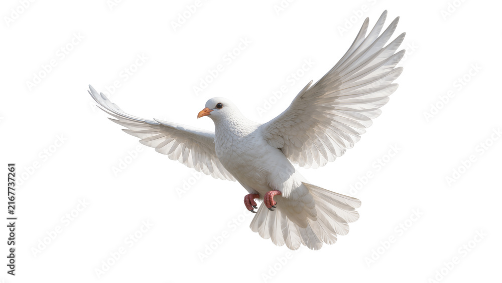 Fototapeta premium White dove bird with spread wings flying, isolated on transparent background