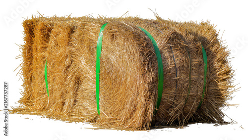 Cuadro en lienzo Rectangular golden hay bale with green straps, isolated on transparent backgroun