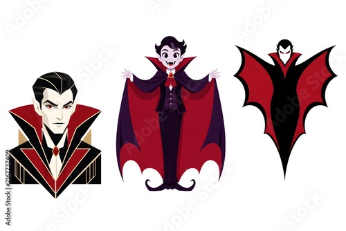 Vampire character set, Dracula cartoon illustrations, red and black gothic icons