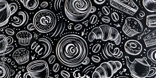 Black and white chalk-style illustration of coffee cups, croissants, muffins, and beans on a dark background, creating a cozy cafÃ©-themed pattern.