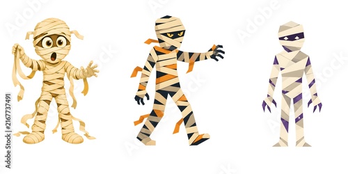 Halloween mummy characters, spooky cartoon monsters, ancient undead set