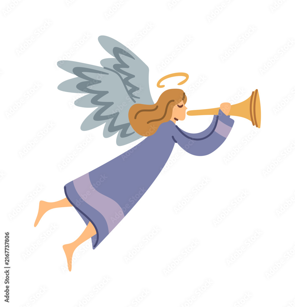 Fototapeta premium Angel Blowing Trumpet Christmas Cartoon