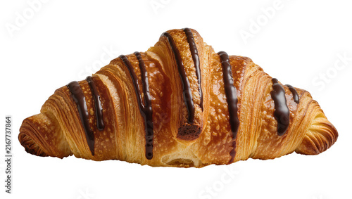 фотографія Golden brown chocolate drizzled croissant flaky pastry, isolated on transparent