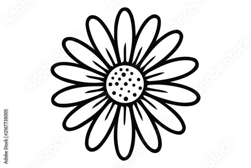 Simple black and white line drawing of a daisy flower on a white background